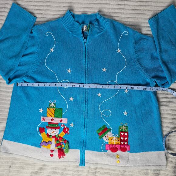 Jennifer Lauren 1X Blue Snowman Christmas Zip Sweater Embroidered Holiday - Picture 5 of 11